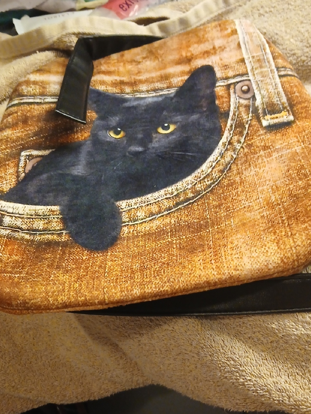 Black Cat In The Pocket Tote Bag for Cat Lovers - Brown Print Crossbody NWY